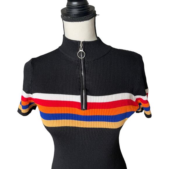 Crave Fame Retro 90s knit Ribbed Black Rainbow Striped Shirt Mini Dress Size XL - Picture 4 of 8
